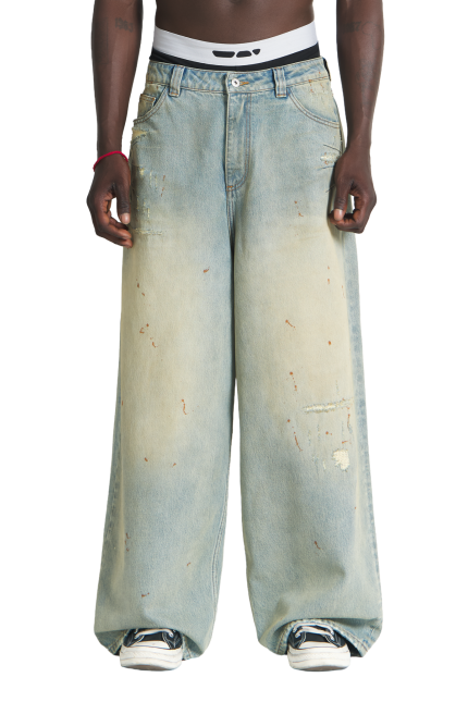 Repaired Construction Denim Jeans Blue